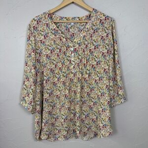 Rose Olive Floral Blouse Womens 1X Multicolor 3/4 Sleeve Pleated V Neck Cottage